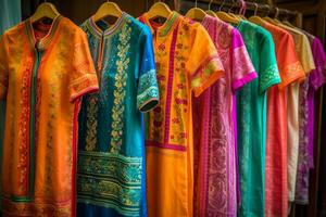 un' colorato Silkao dai, il tradizionale vietnamita tunica vestito logoro di donne. messa a fuoco su il elegante indumenti quello siamo accuratamente artigianale e passato giù attraverso generazioni. generativo ai foto