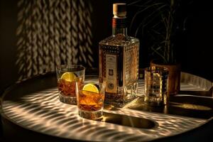 un' creativo tiro di un' Tequila bottiglia e bicchiere nel un' drammatico illuminazione impostare, dando il impressione di un' fascia alta lusso Prodotto. generativo ai foto