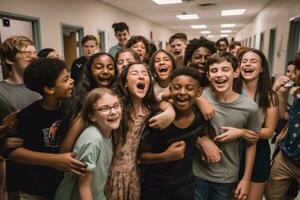 un' affollato corridoio pieno con studenti ridendo, parlando e abbracciare come essi celebrare il ultimo giorno di scuola. catturare emotivo momenti e amicizie. generativo ai foto