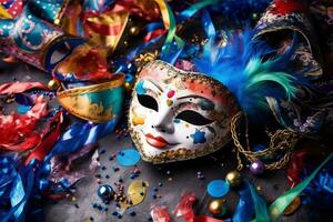 con veneziano carnevale maschera a fianco altro a tema carnevalesco oggetti di scena, come come coriandoli, stelle filanti, e festa cappelli. concetto per festivo evento promozioni. generativo ai foto
