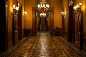 un' debolmente illuminato corridoio con ornato porte, ricorda di il iconico dimora. generativo ai foto