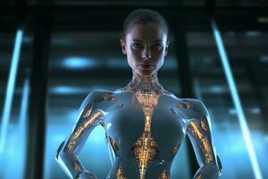un' tiro di un attraente femmina androide con bioluminescente silicone. generativo ai foto