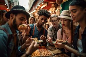un' gruppo di giovane persone esplorando un' cibo mercato, campionamento esotico cucina e snapping fotografie di colorato piatti.concetto di culinario esplorazione e culturale immersione. generativo ai