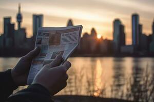 un' mano Tenere un' giornale nel davanti di un' città orizzonte, con un' sfocato sfondo. il messa a fuoco è su il giornale, quale appare croccante e chiaro. generativo ai foto