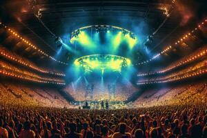 un' panoramico tiro di un' grande concerto palcoscenico con il gruppo musicale giocando per un' massiccio pubblico. generativo ai foto