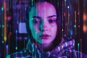 un' di persona viso essere sostituito di un' glitch digitale Immagine, come Se loro identità è essere cancellato di loro smartphone dipendenza. generativo ai foto