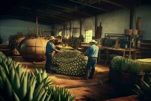 un' tiro di un' Tequila distilleria nel Messico, con lavoratori tendente per il Agave impianti e alambicchi, sottolineando il tradizionale e artigianale natura di il Prodotto. generativo ai foto