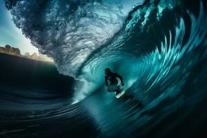 un' surfer equitazione un' massiccio parete di turchese barile onde, tiro a partire dal entro il tubo per catturare aerotrasportato archi di acqua nel ingioiellato goccioline. generativo ai foto