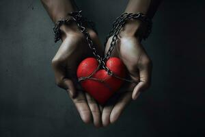 un' surreale Immagine di un' persona Tenere un' rosso cuore nel mani collegato di un' catena, simboleggiante il rottura di razziale barriere. generativo ai foto