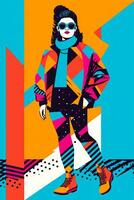 un' vettore illustrazione di un' persona indossare anni 80 moda, con grassetto modelli, luminosa colori, e iconico elementi piace gamba scaldini e sovradimensionato occhiali da sole. generativo ai foto