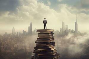 un' scrittore in piedi su un' gigante pila di libri, con un' città orizzonte visibile nel il sfondo, la creazione di un' surreale e metaforico Immagine di un' dello scrittore conoscenza e creatività. generativo ai foto