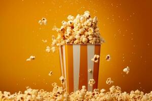 un Immagine con mani Tenere un' Popcorn scatola, con Popcorn noccioli spargimento su di il scatola. concetto irresistibile natura di Popcorn. generativo ai foto