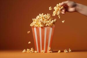 un Immagine con mani Tenere un' Popcorn scatola, con Popcorn noccioli spargimento su di il scatola. concetto irresistibile natura di Popcorn. generativo ai foto