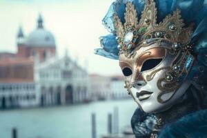 veneziano carnevale maschera logoro di un' elegante modello, con un' sfocato paesaggio urbano nel il sfondo, mescolanza moda e cultura per appello per un' contemporaneo pubblico. generativo ai foto