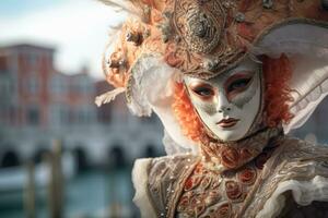 un Immagine di un' veneziano carnevale maschera logoro di un' elegante modello, con un' sfocato paesaggio urbano nel il sfondo, mescolanza moda e cultura per appello per un' contemporaneo pubblico. generativo ai foto