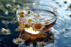 un' tazza di camomilla tè con un' bustina di the e camomilla fiori galleggiante su il superficie, che rappresentano rilassamento, benessere, e erbaceo rimedi. generativo ai foto