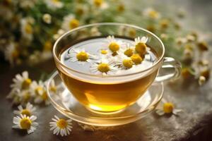 un' tazza di camomilla tè con un' bustina di the e camomilla fiori galleggiante su il superficie, che rappresentano rilassamento, benessere, e erbaceo rimedi. generativo ai foto