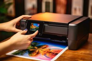 mano Tenere un' appena stampato fotografia con vivace colori, in mostra il alta qualità produzione di un inchiostro foto stampante. generativo ai