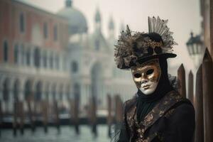 un Immagine di un' misterioso figura indossare un' veneziano carnevale maschera, in piedi contro un' fondale di il iconico veneziano canali e gondole, evocando il fascino e eleganza di Venezia. generativo ai foto