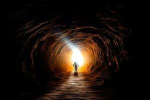 un Immagine di un' persona emergente a partire dal un' buio tunnel in direzione il luce, simboleggiante il trasformazione e rinascita Associated con il risurrezione. generativo ai foto