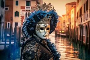 un Immagine di un' misterioso figura indossare un' veneziano carnevale maschera, in piedi contro un' fondale di il iconico veneziano canali e gondole, evocando il fascino e eleganza di Venezia. generativo ai foto