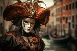 un Immagine di un' misterioso figura indossare un' veneziano carnevale maschera, in piedi contro un' fondale di il iconico veneziano canali e gondole, evocando il fascino e eleganza di Venezia. generativo ai foto