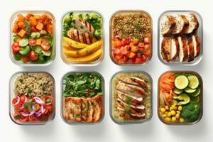 un Immagine in mostra un' serie di colorato e nutriente pasto preparativi, Compreso insalate, grigliato pollo, quinoa, e la verdura, presentata su un' pulito bianca sfondo. generativo ai foto