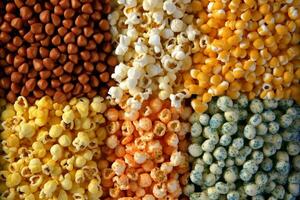 un Immagine in mostra diverso sapori di Popcorn, come come caramello, formaggio, e Burro, disposte nel vivace e colorato modelli, attraente per diverso gusti e preferenze. generativo ai foto