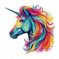 un vettore illustrazione di un' mitico unicorno, con un' color arcobaleno criniera e corno, contro un' bianca sfondo. stampabile design per tatuaggio, parete arte, manifesti, magliette, tazze, casi. generativo ai foto