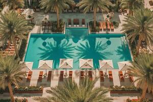 un alto tiro di un' bordo piscina sala la zona con palma alberi, cabine, e persone rilassante nel elegante costumi da bagno, evocando il affascinante miami spiaggia stile di vita. generativo ai foto