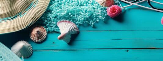 spiaggia Accessori su blu di legno tavolo. concetto estate vacanza. ragnatela bandiera generativo ai foto
