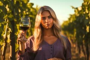 bellissimo giovane donna con bicchiere di vino nel vigneto su soleggiato giorno. generativo ai foto