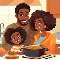 piatto cartone animato illustrazione di un' nero famiglia cucinando nel cucina. generativo ai foto