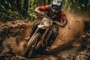 motocross nel fango nube con foresta su sfondo. motociclista ciclista nel azione. generativo ai foto