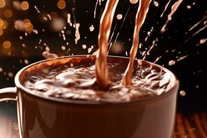 avvicinamento Immagine di un' caldo tazza di cacao essere versato, cattura il vorticoso movimento e il spruzzi di cioccolato come esso riempimenti il tazza. generativo ai foto