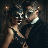 elegante coppia indossare veneziano maschere a un' masquerade sfera, evocando il misterioso atmosfera. generativo ai foto