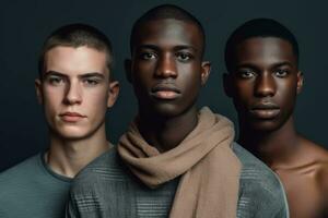 ritratto di un' multirazziale gruppo di giovane uomini in piedi nel un' studio. generativo ai foto