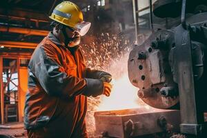 Immagine di un' lavoratore indossare protettivo Ingranaggio operativo pesante macchinari dentro il acciaio mulino, in mostra il industriale ambiente. generativo ai foto