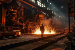 Immagine di un' lavoratore indossare protettivo Ingranaggio operativo pesante macchinari dentro il acciaio mulino, in mostra il industriale ambiente. generativo ai foto