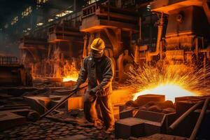 Immagine di un' lavoratore indossare protettivo Ingranaggio operativo pesante macchinari dentro il acciaio mulino, in mostra il industriale ambiente. generativo ai foto
