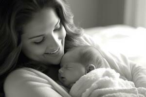 contento giovane amorevole madre sorridente a sua bambino. generativo ai foto