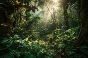 lussureggiante tropicale foresta pluviale, con massiccio foglie, torsione viti e esotico fiori in fiore mentre luce del sole filtri attraverso il baldacchino. generativo ai foto