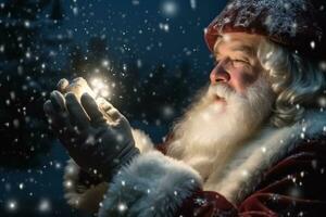 Santa Claus soffiaggio Magia Natale stelle nel nevoso notte. concetto Magia Natale e festivo atmosfera. generativo ai foto