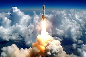 un' dinamico Immagine cattura il potente decollo di un' satellitare razzo in spazio, con ondeggiante Fumo e ardente motori. generativo ai foto