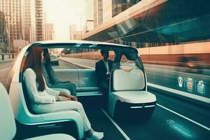 futuristico guida autonoma furgone in movimento su un' autostrada nel un' moderno città con grattacieli. bellissimo femmina e anziano uomo siamo avendo un' conversazione nel un' senza conducente autonomo veicolo. generativo ai foto