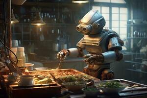 un' robot capocuoco , cucinando nel un' cucina e in mostra culinario abilità. generativo ai foto