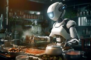 un' robot capocuoco , cucinando nel un' cucina e in mostra culinario abilità. generativo ai foto