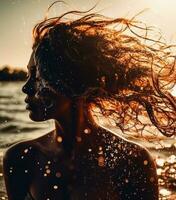 un' ragazza spruzzi acqua su sua corpo e viso nel acqua a tramonto durante estate vacanza. salutare felicità stile di vita. generativo ai foto