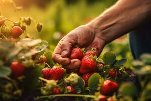 un' contadino raccolta manuale fragole a partire dal il campo, evidenziazione il naturale e sostenibile agricoltura pratiche Associated con Questo succulento frutta. generativo ai foto