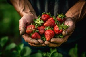 un' contadino raccolta manuale fragole a partire dal il campo, evidenziazione il naturale e sostenibile agricoltura pratiche Associated con Questo succulento frutta. generativo ai foto